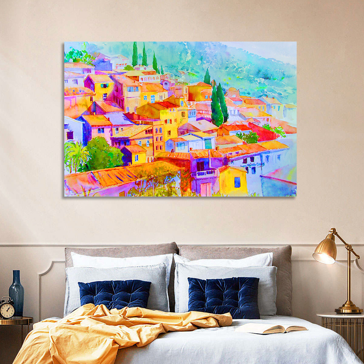 Mediterranean Hillside Watercolor Village Wall Art