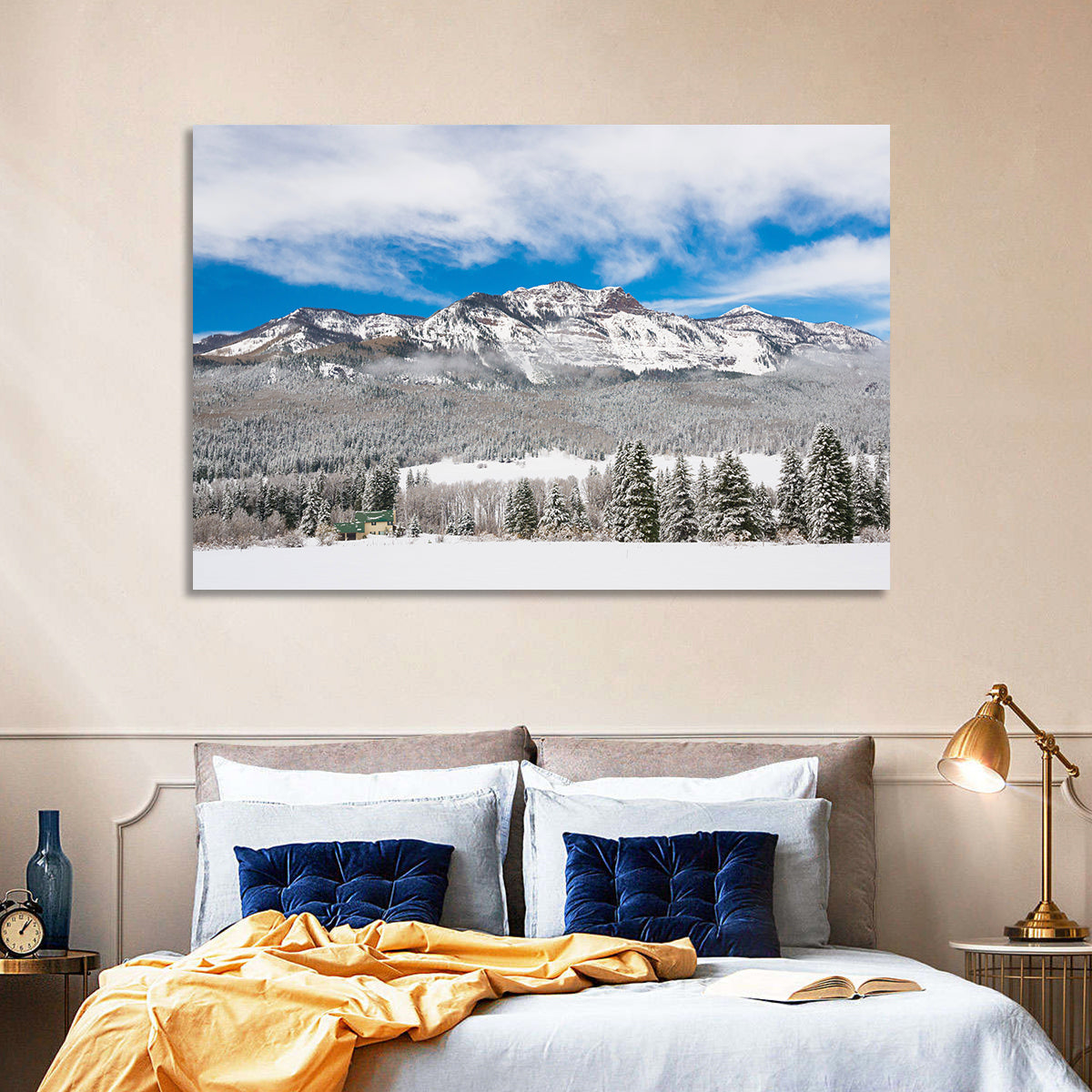 Colorado Snowy Mountain Cabin Wall Art in a room, landscape