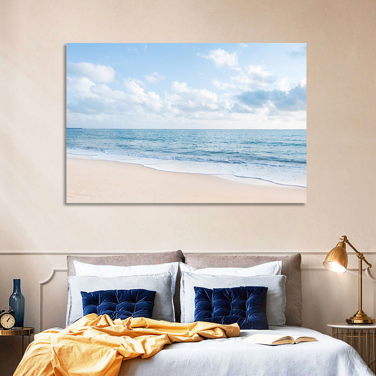 Minimalist Sandy Beach and Gentle Waves Wall Art in a room, landscape