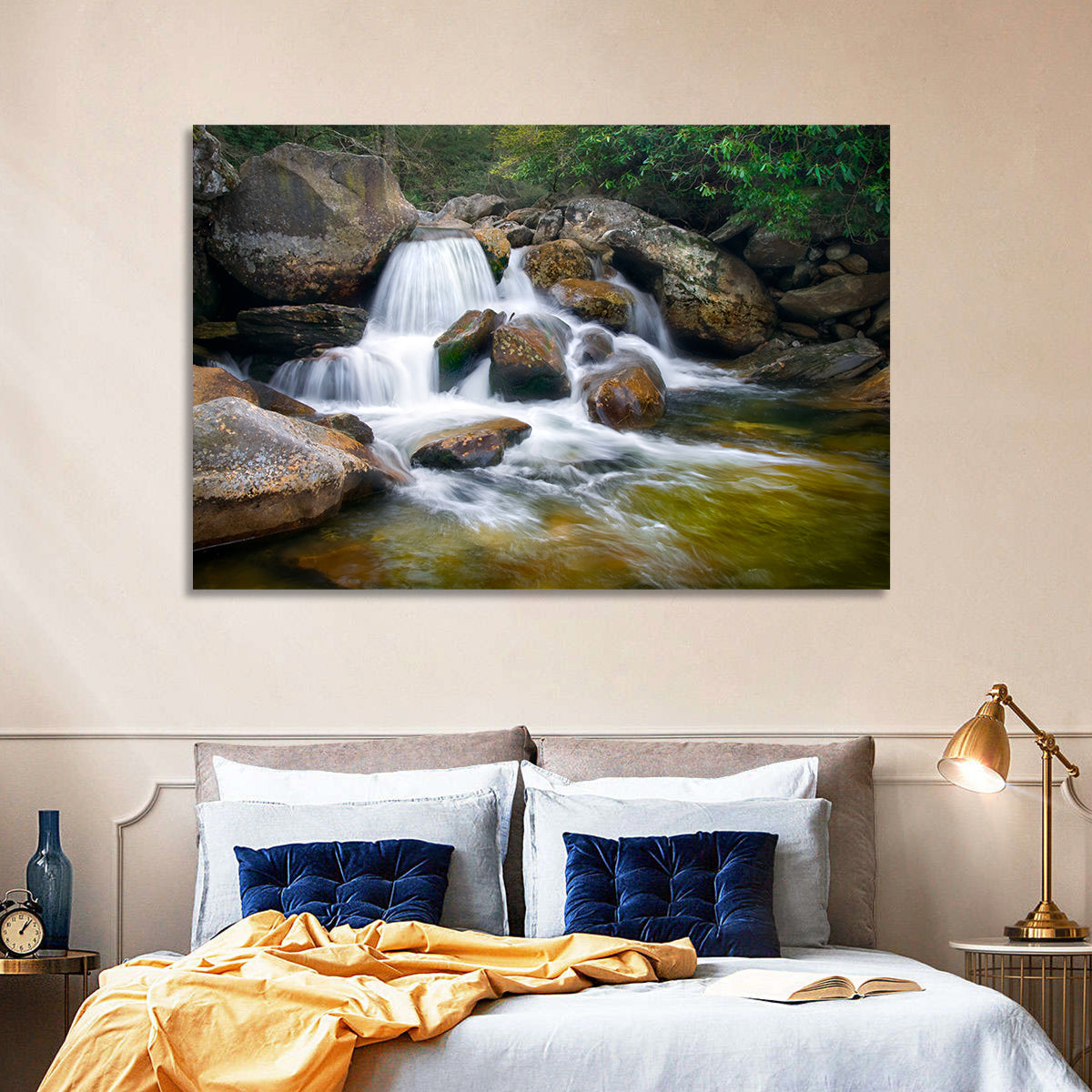Blue Ridge Mossy Waterfall Wall Art in a room, landscape