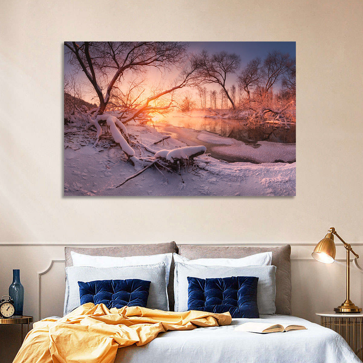 Sunset Over Snowy Forest Lake Wall Art in a room, landscape
