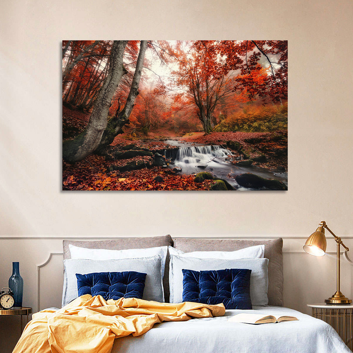 Autumn Forest Stream with Footbridge Wall Art in a room, landscape