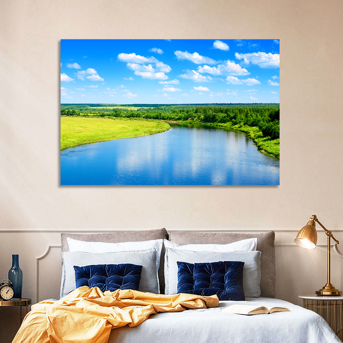 Blue River Meadow Wall Art in a room, landscape