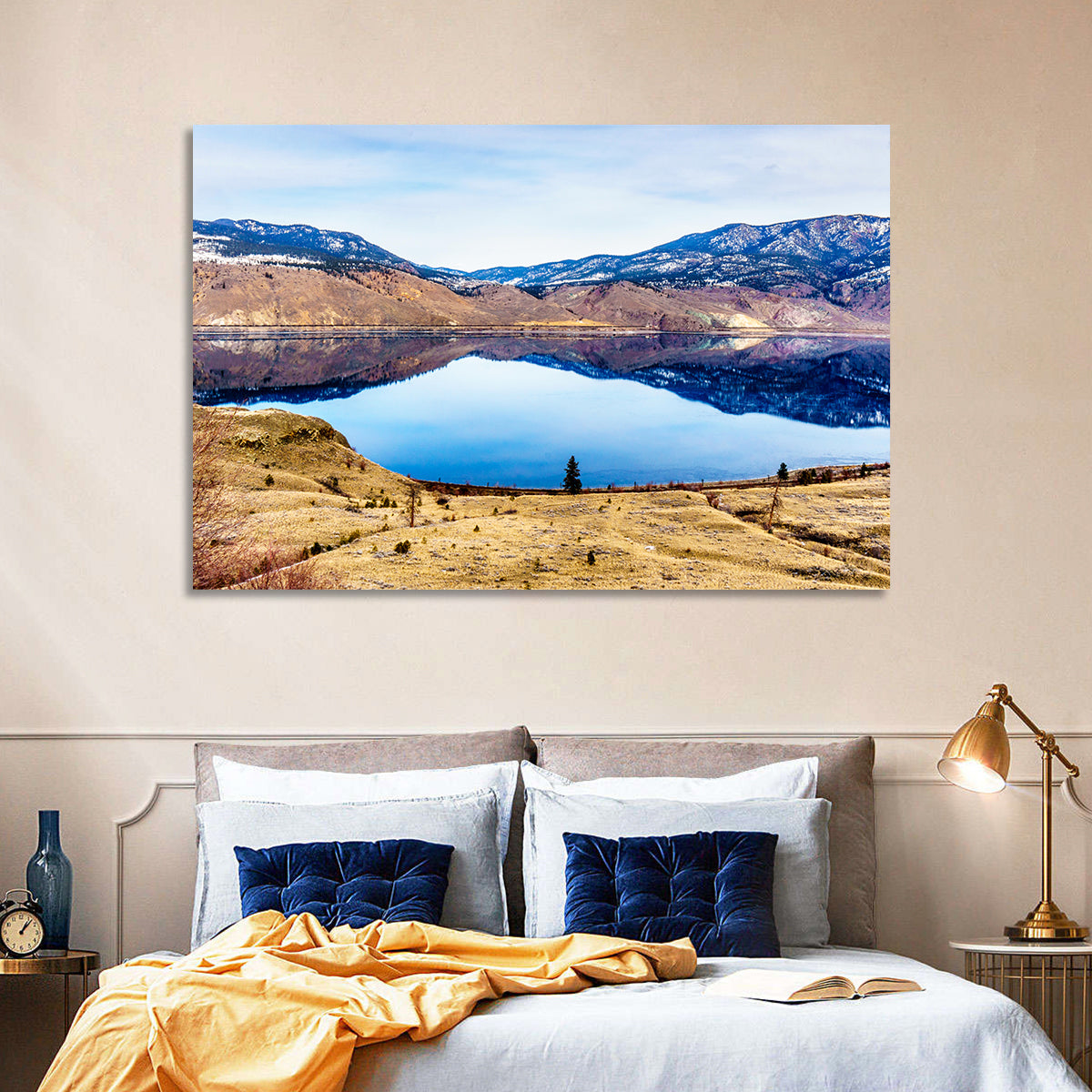 Kamloops Lake Sunset with Snow Capped Peaks Wall Art in a room, landscape