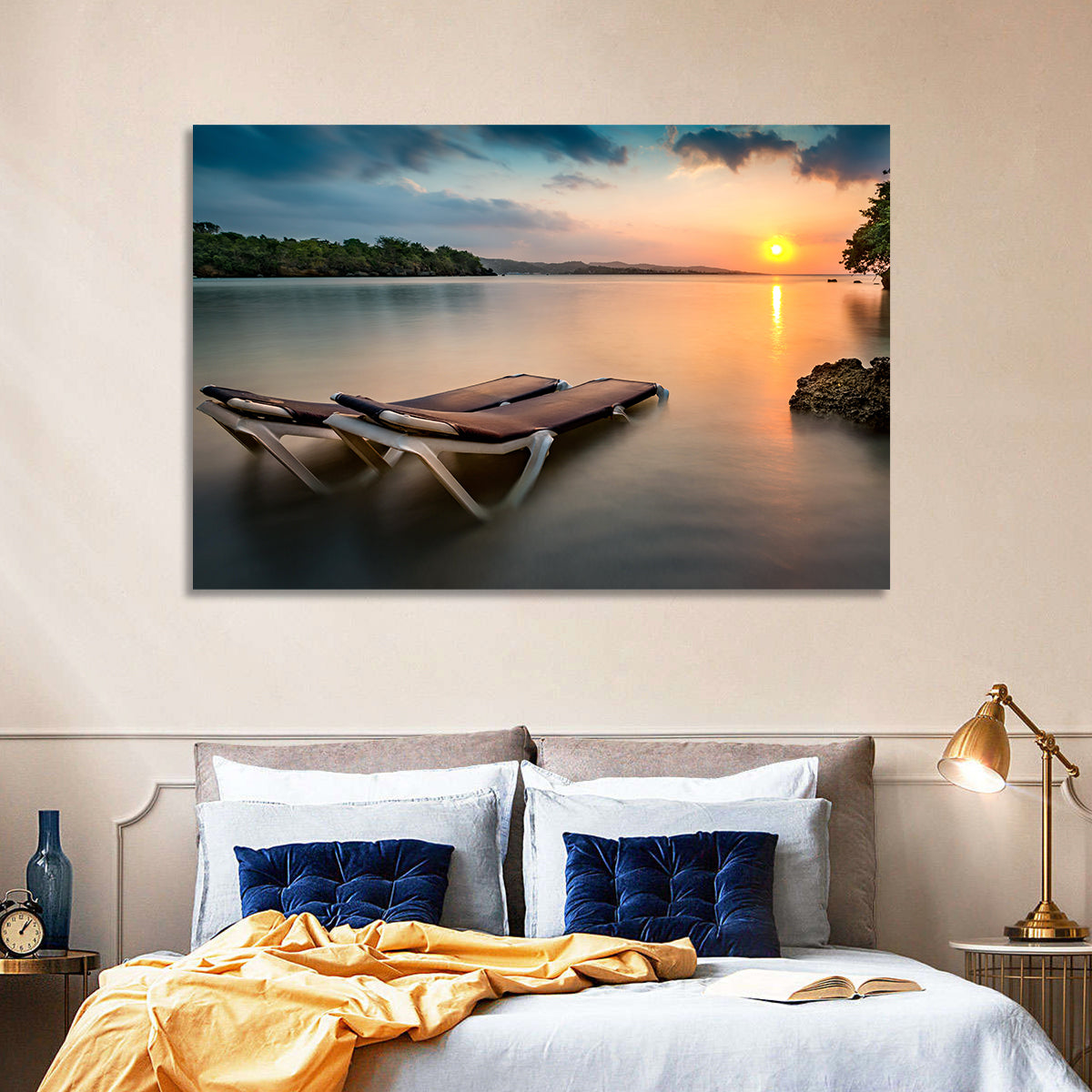 Sunset Over Coastal Lounge Chairs Wall Art in a room, landscape