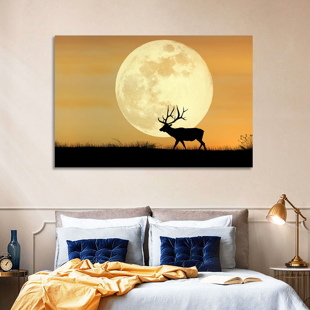 Bull Elk Silhouette Under Supermoon Wall Art
