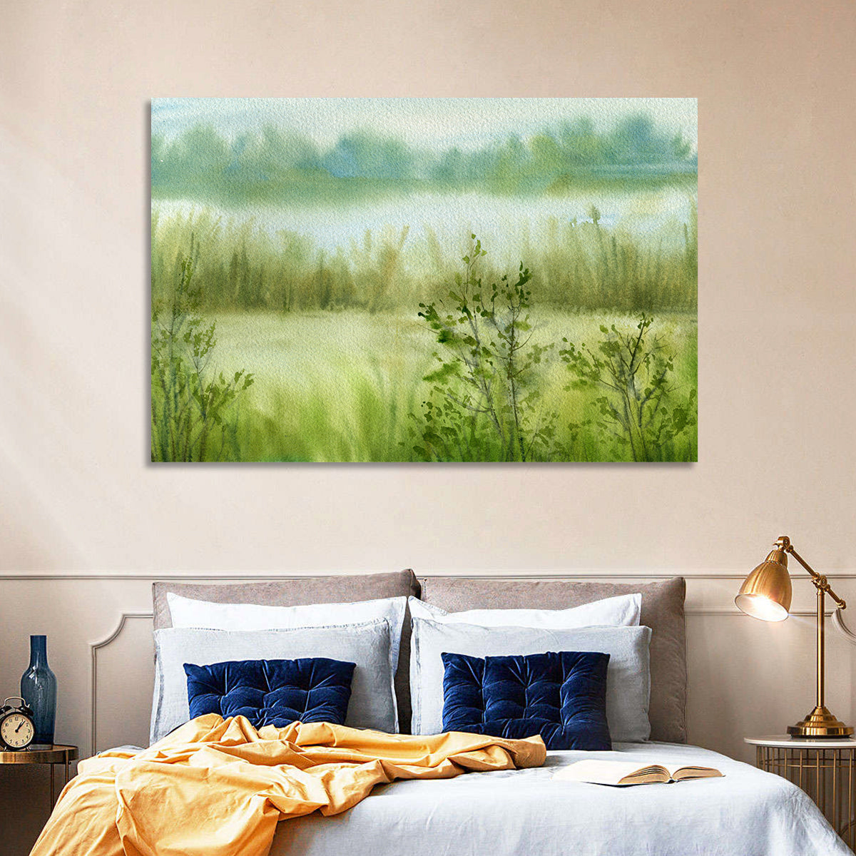Misty River Meadow Watercolor Wall Art in a room, landscape