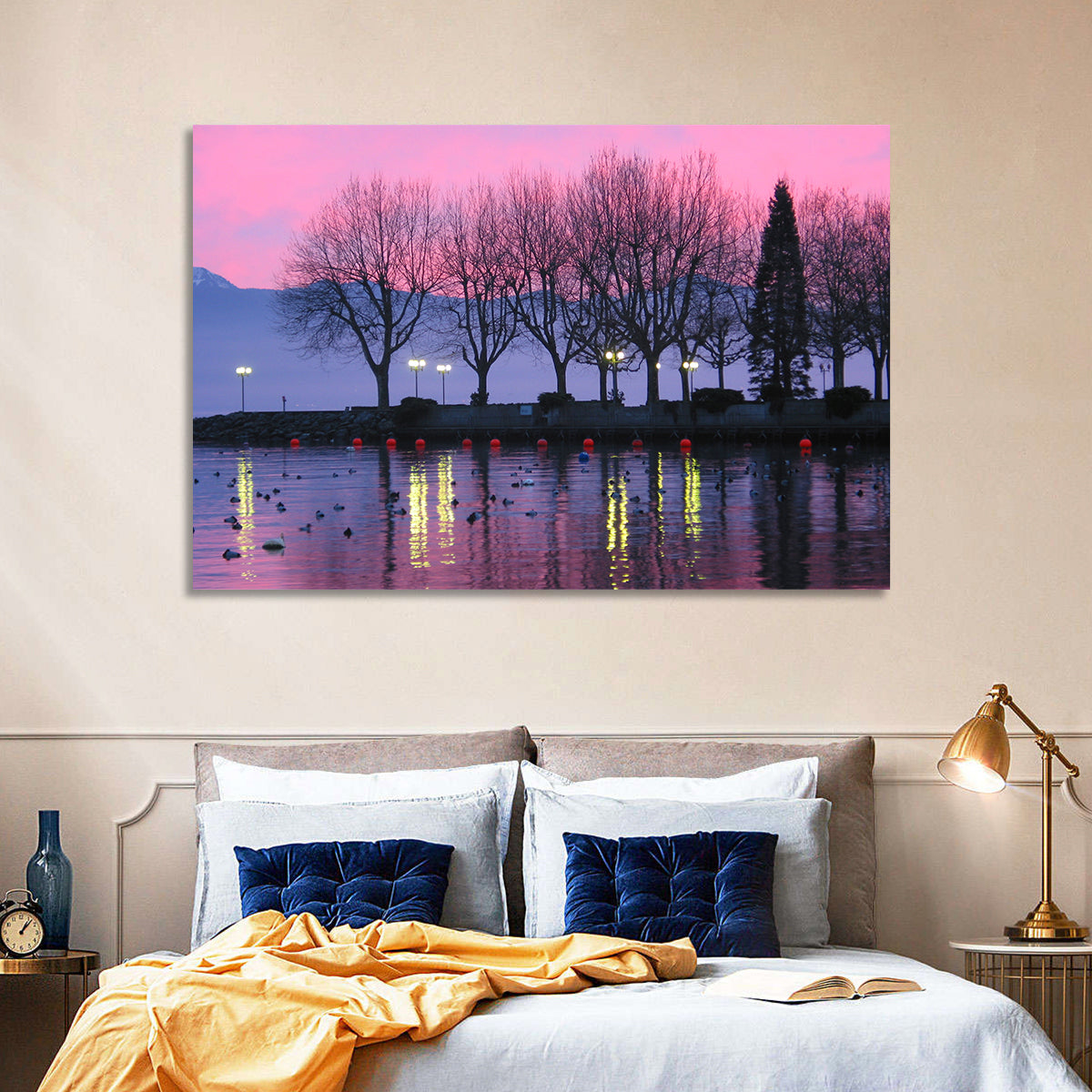 Lake Geneva Twilight Wall Art in a room, landscape