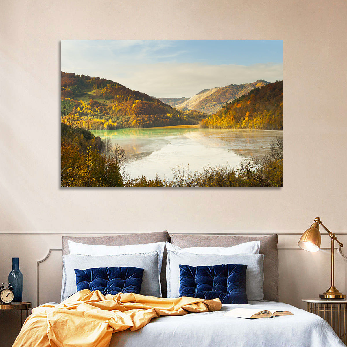 Bright Green Tailings Lake Wall Art in a room, landscape
