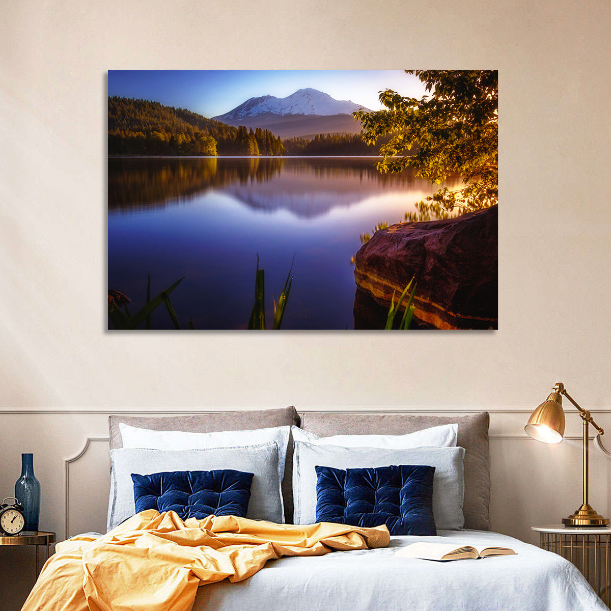 Mt Shasta Reflection at Lake Siskiyou Wall Art in a room, landscape