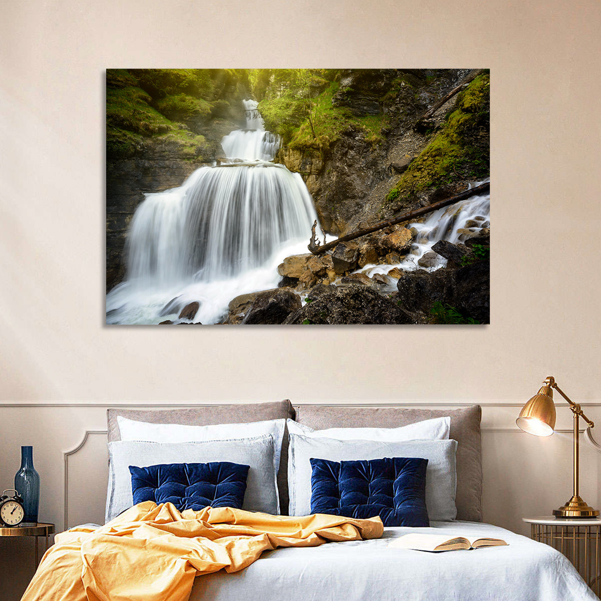 White Cascade Over Mossy Rocks Wall Art in a room, landscape
