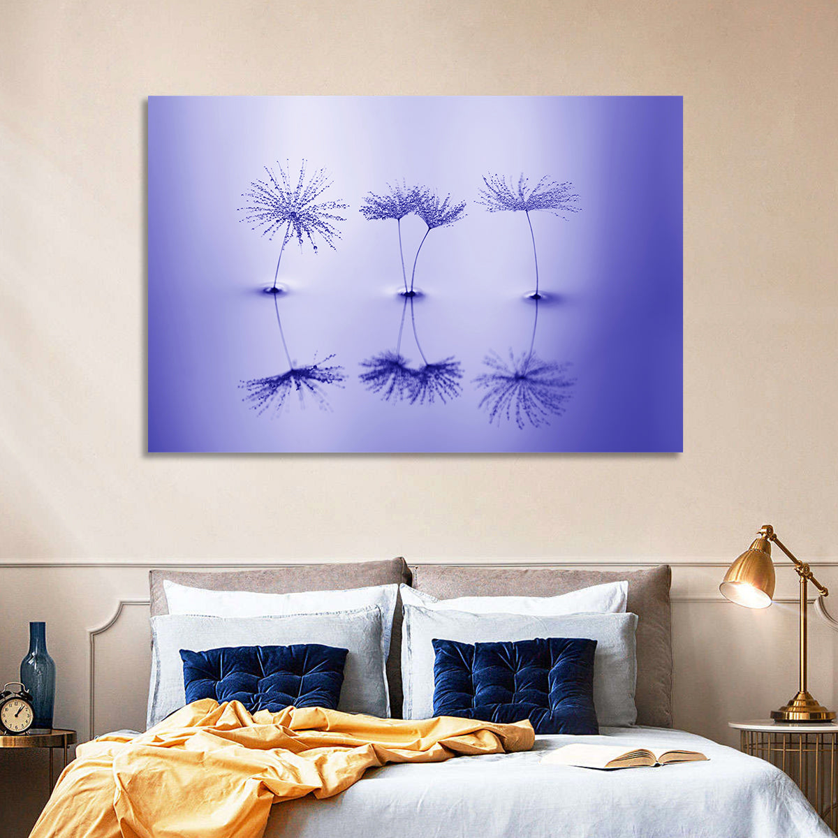 Blue Dandelion Seeds with Reflections Wall Art in a room, landscape