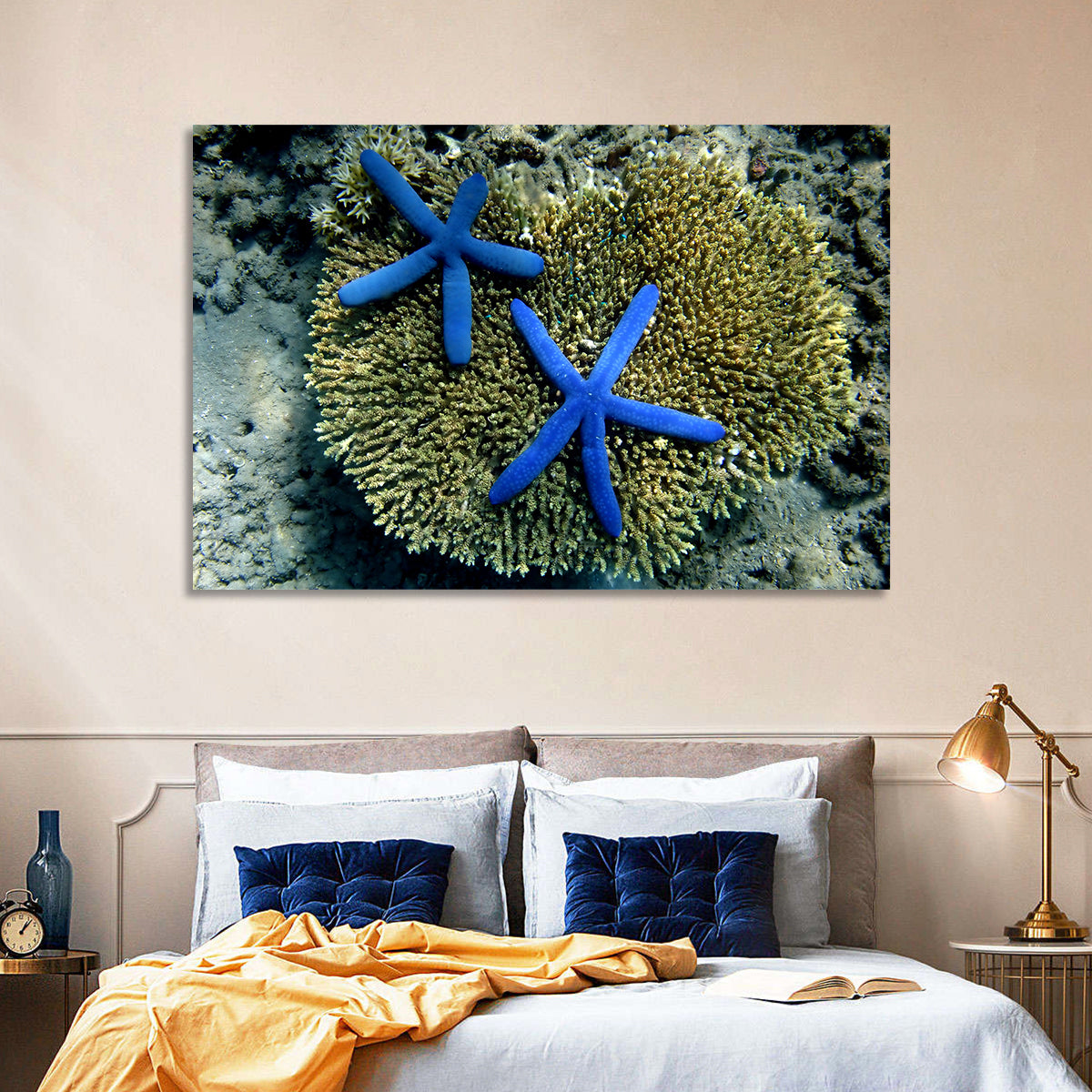 Blue Starfish Wall Art in a room, landscape