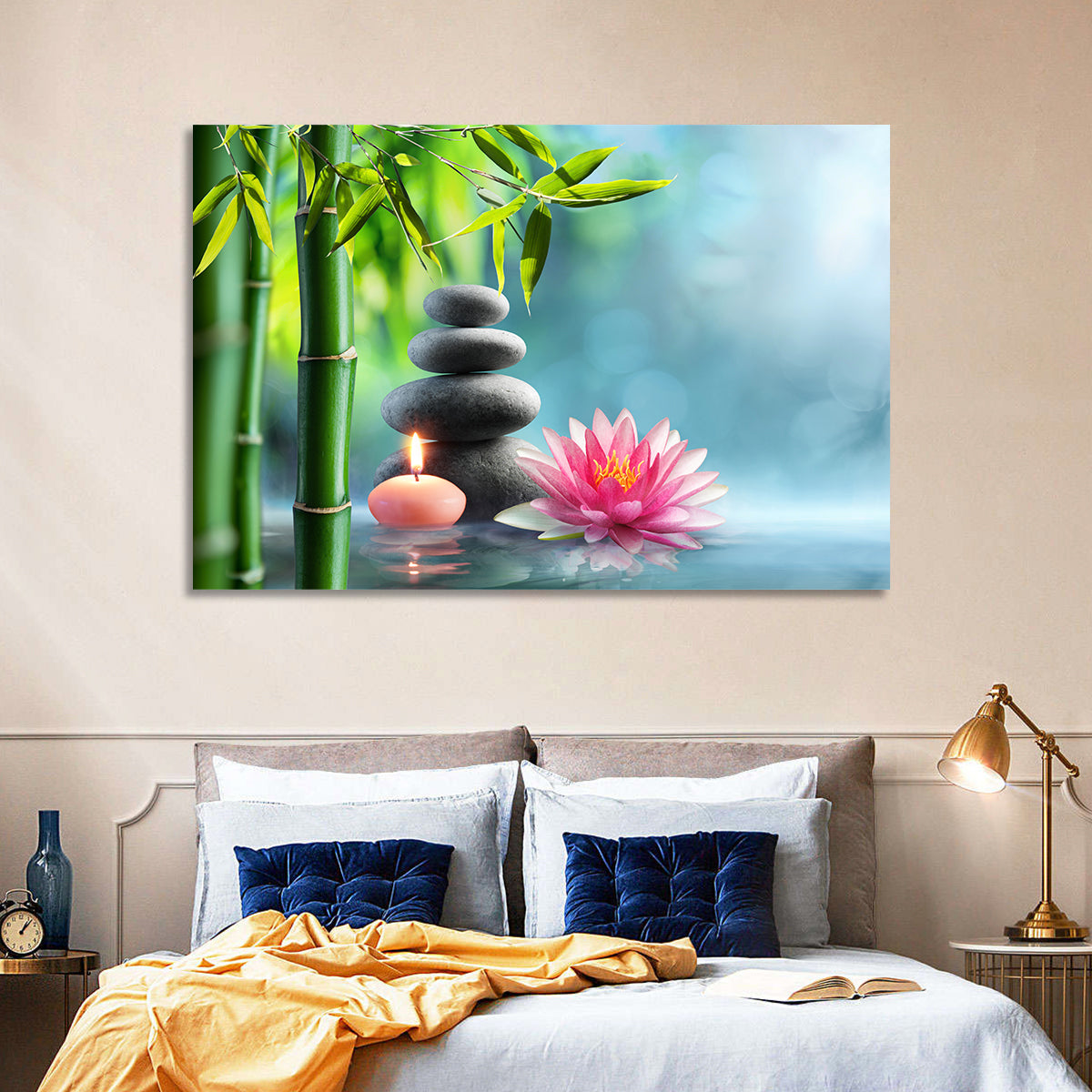 Zen Massage Stones with Waterlily Wall Art in a room, landscape