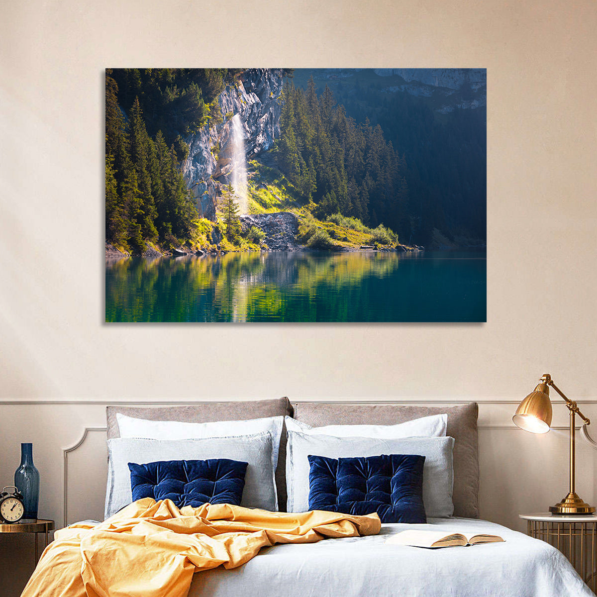 Lake Oeschinen Waterfall Reflection Wall Art in a room, landscape