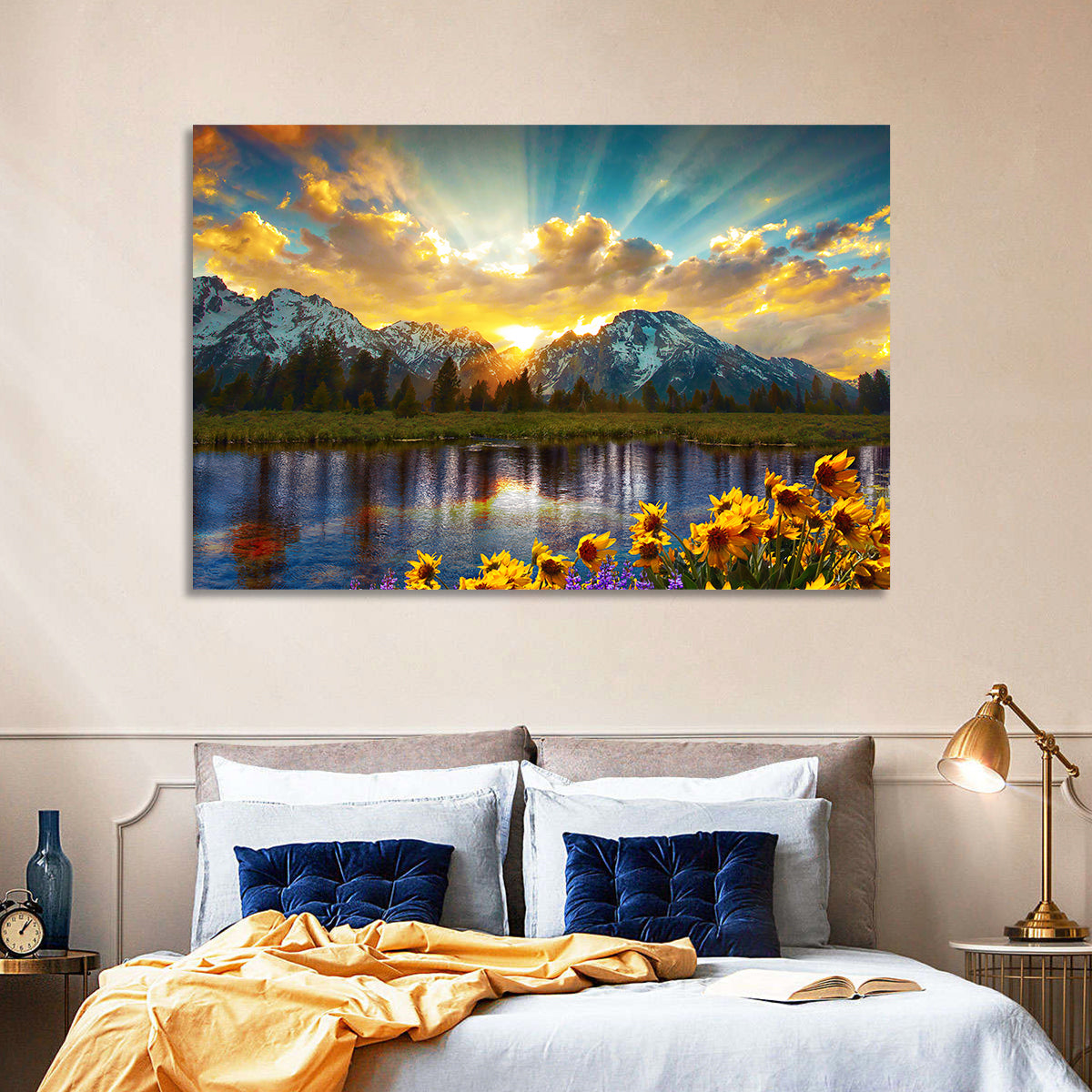 Grand Teton Sunrise Reflection Wall Art in a room, landscape