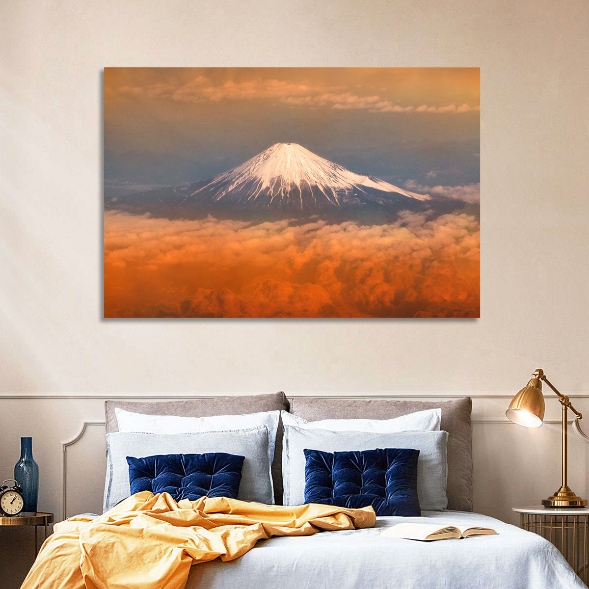 Snow-capped Mount Fuji at Sunset Wall Art in a room, landscape