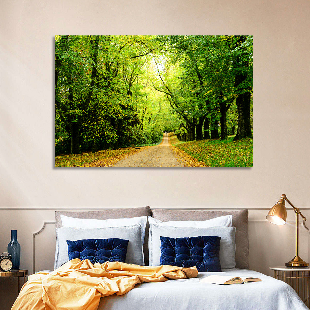 Sunlit Forest Pathway Wall Art in a room, landscape