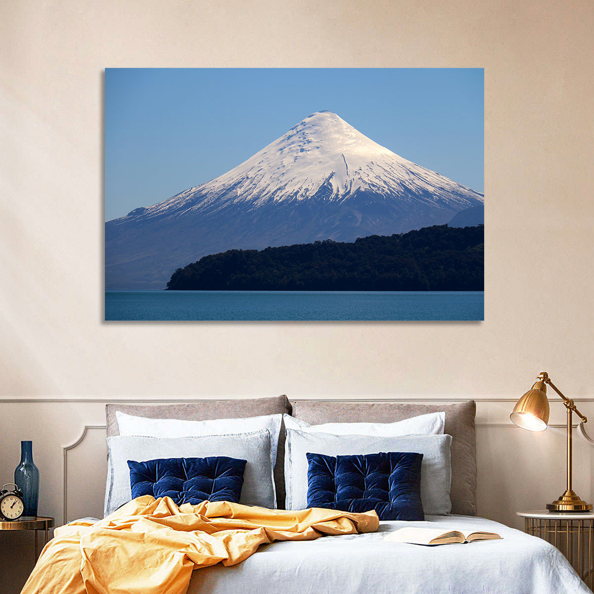 Snow-capped Osorno Volcano Over Lake Wall Art in a room, landscape