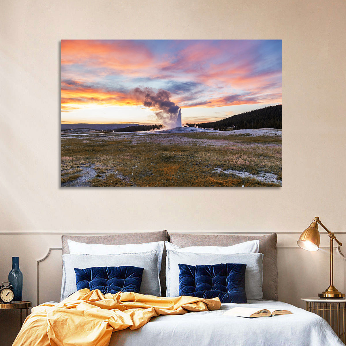 Old Faithful Erupting at Sunset Wall Art in a room, landscape