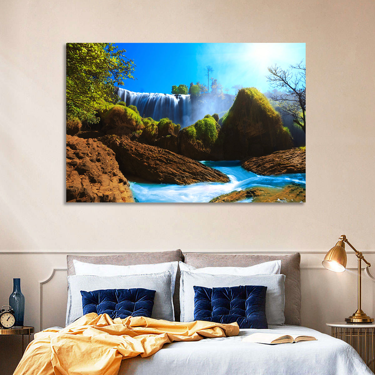 Sunlit Turquoise Waterfall Wall Art in a room, landscape