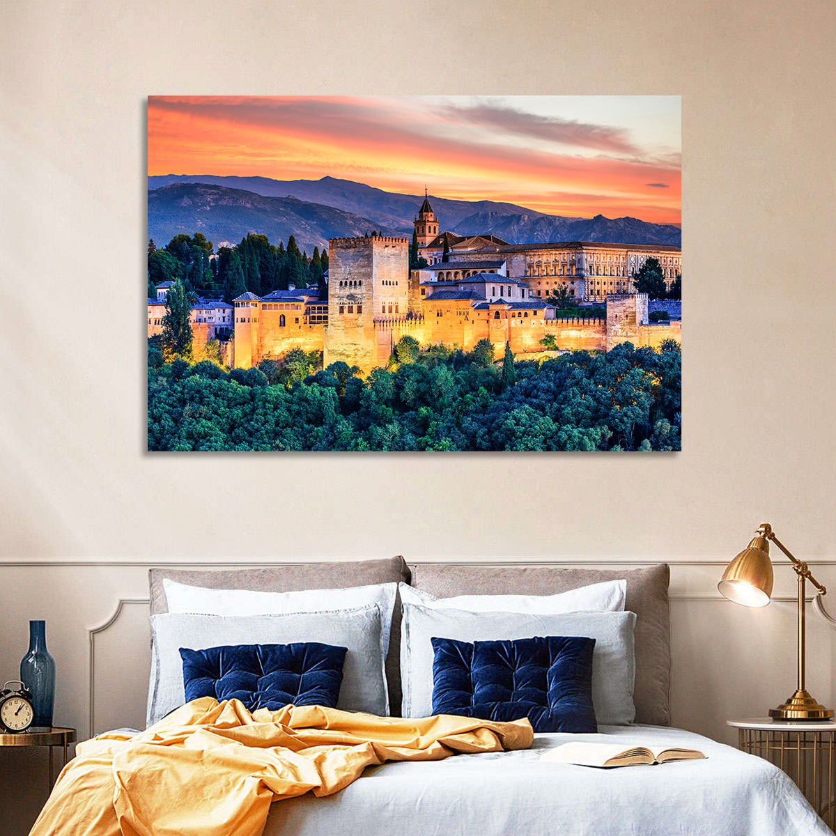 Alhambra Fortress at Golden Sunset Wall Art in a room, landscape
