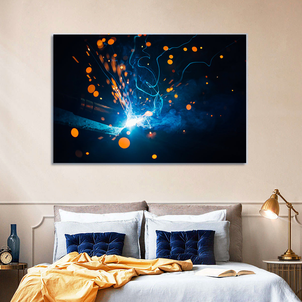 Bright Blue Welding Sparks Wall Art in a room, landscape