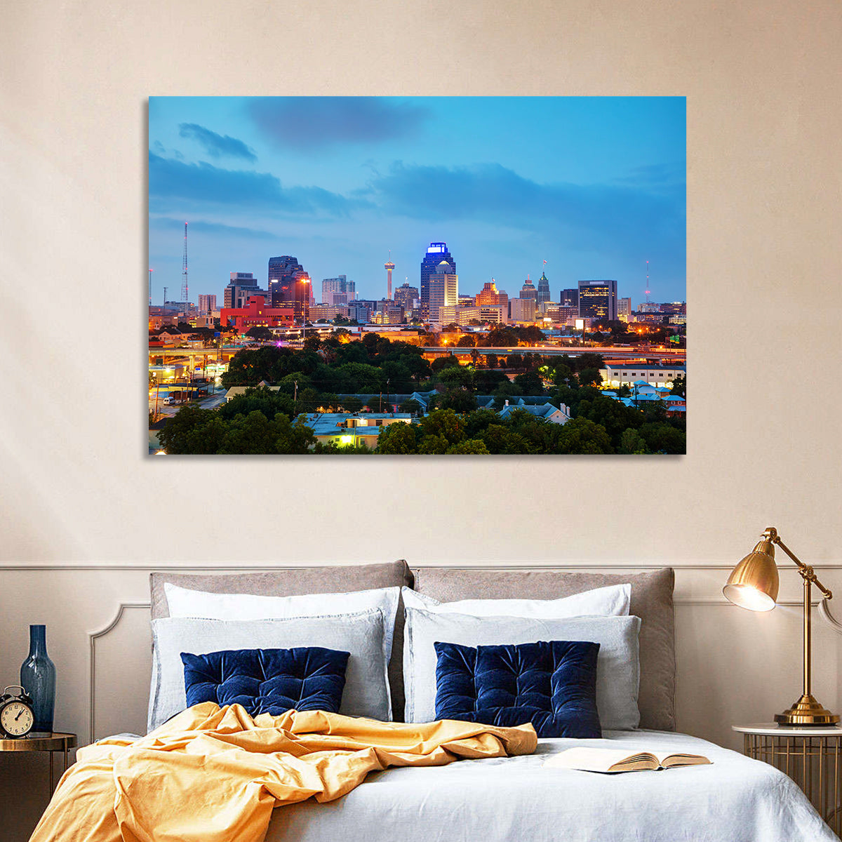 San Antonio Skyline at Dusk Wall Art in a room, landscape
