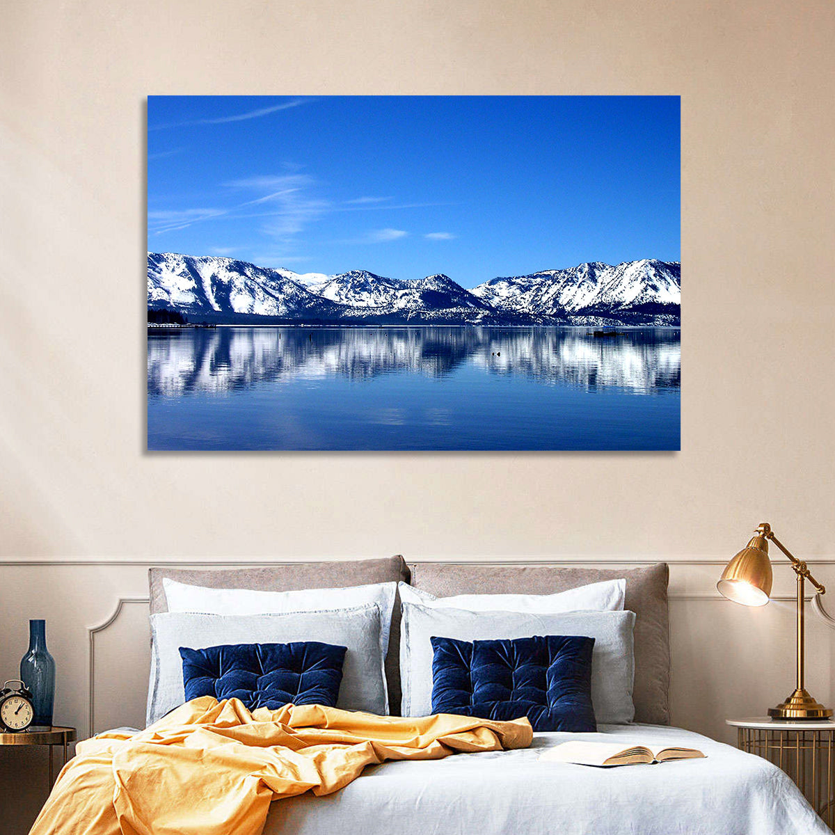 Lake Tahoe Mountain Reflection Wall Art in a room, landscape