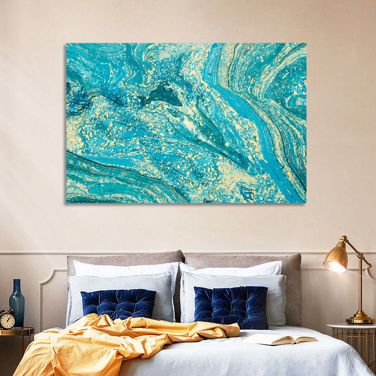 Teal Marble Swirls Abstract Wall Art in a room, landscape