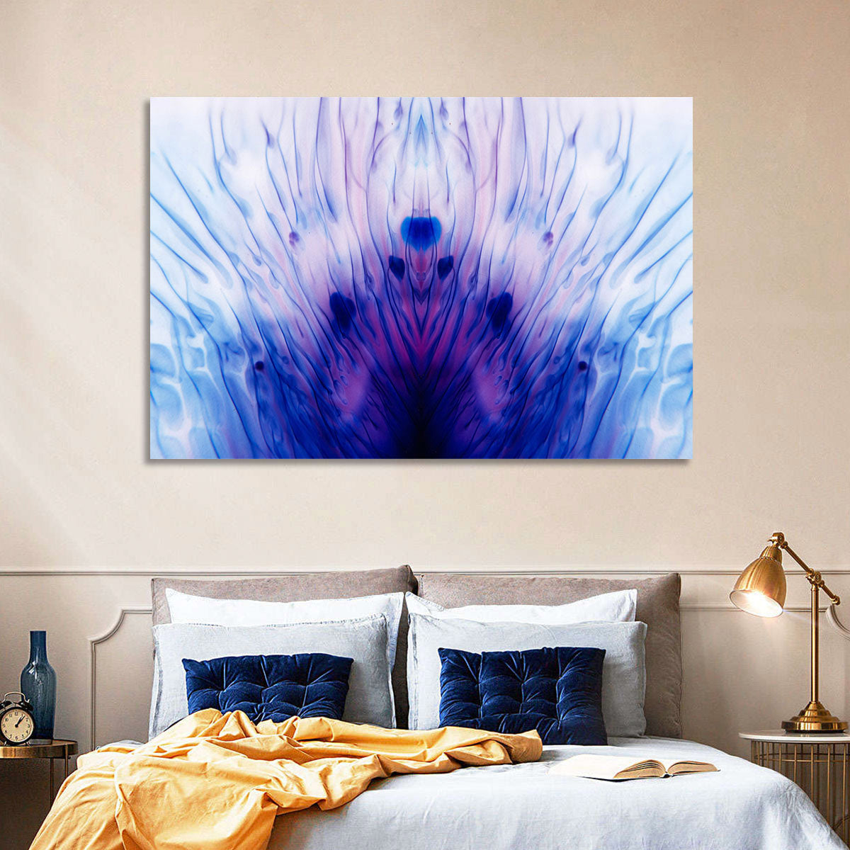 Mirrored Ink Splotch Abstract Wall Art in a room, landscape