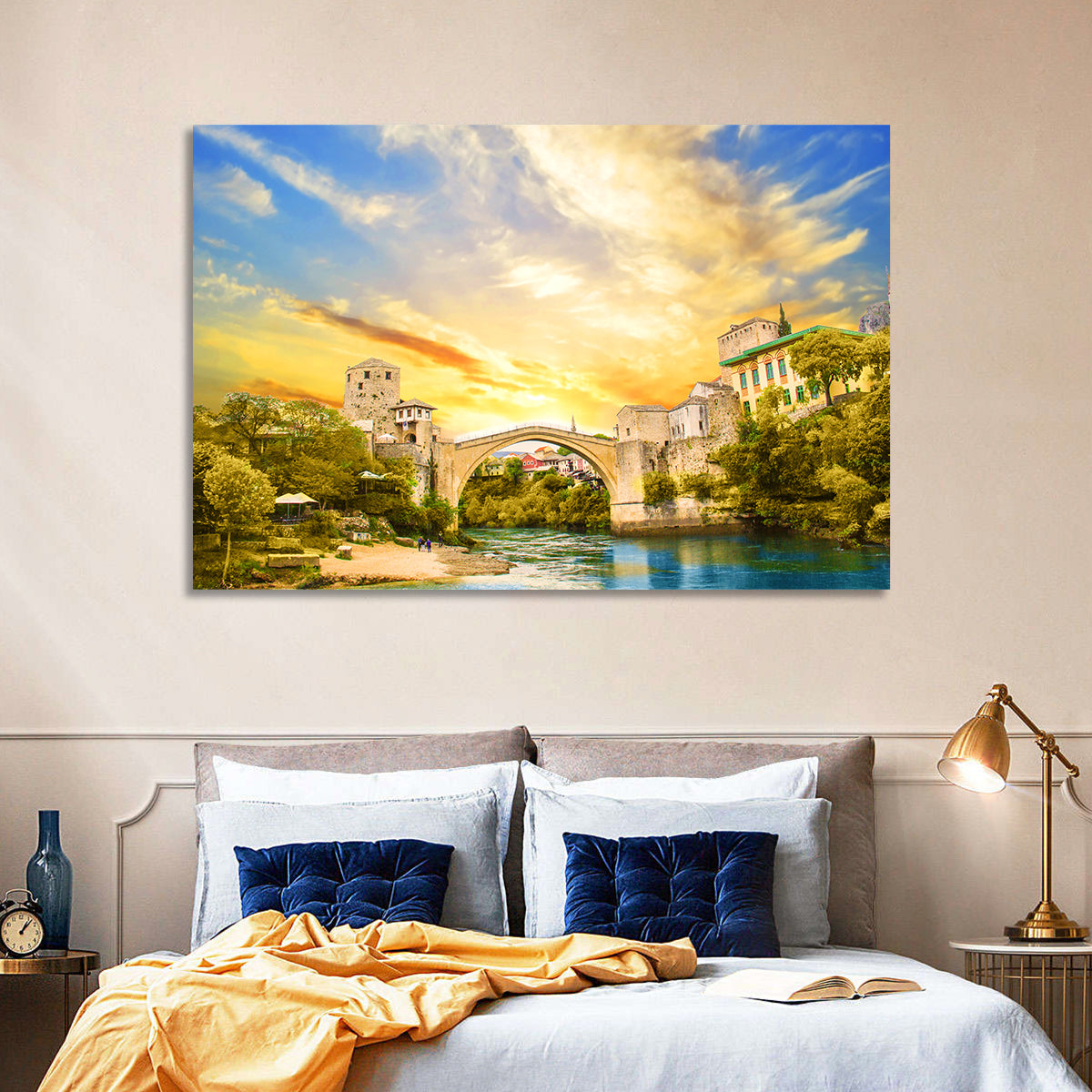 Stari Most at Sunset Wall Art in a room, landscape