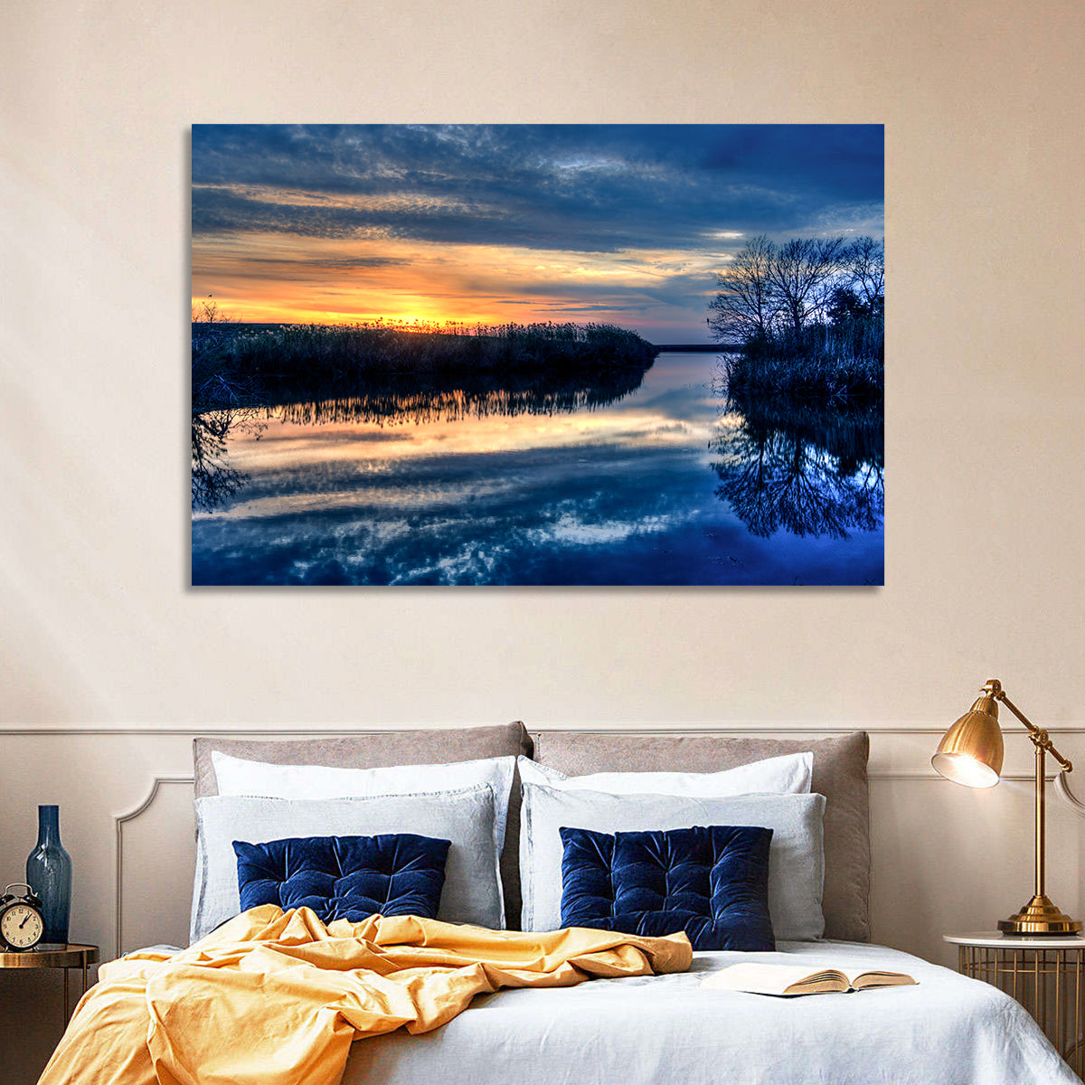 Louisiana Bayou Sunset Wall Art in a room, landscape