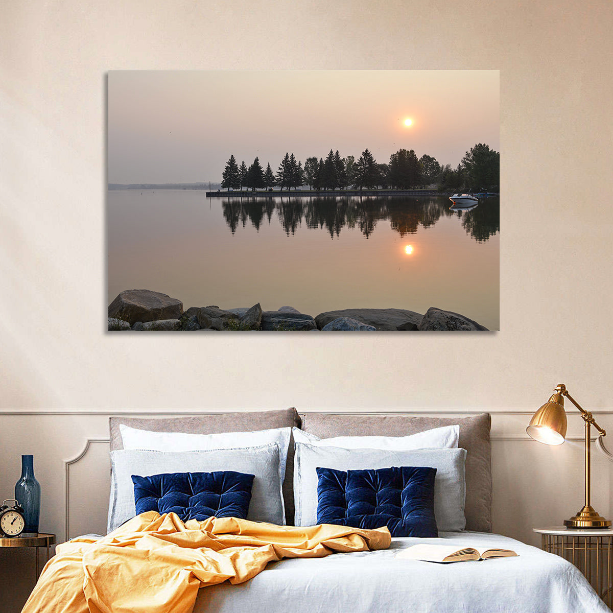 Sylvan Lake Sunset Reflection Wall Art in a room, landscape