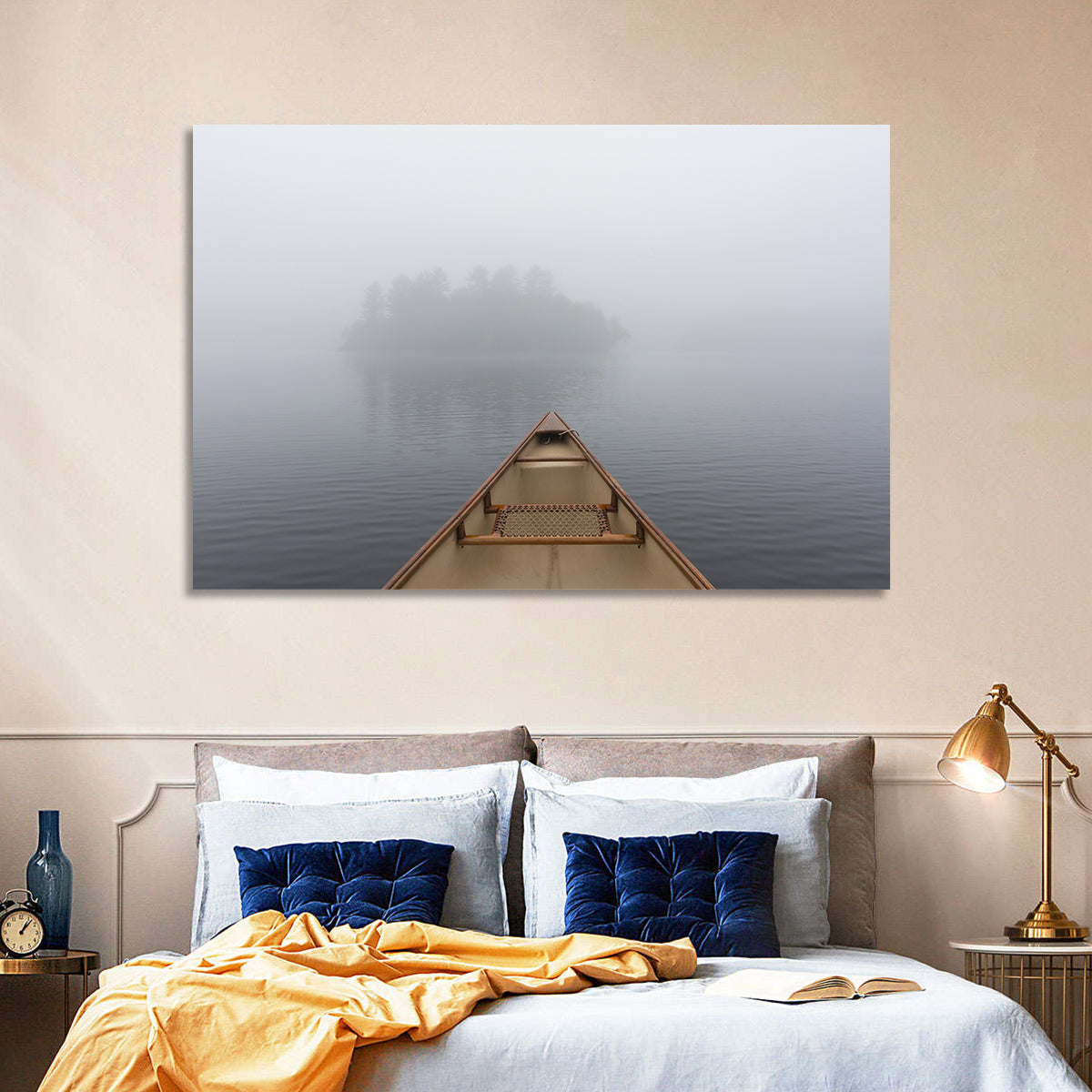 Canoe on Misty Ontario Lake Wall Art in a room, landscape
