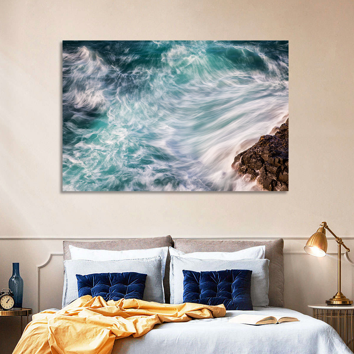 Silky Teal Ocean Waves Wall Art in a room, landscape