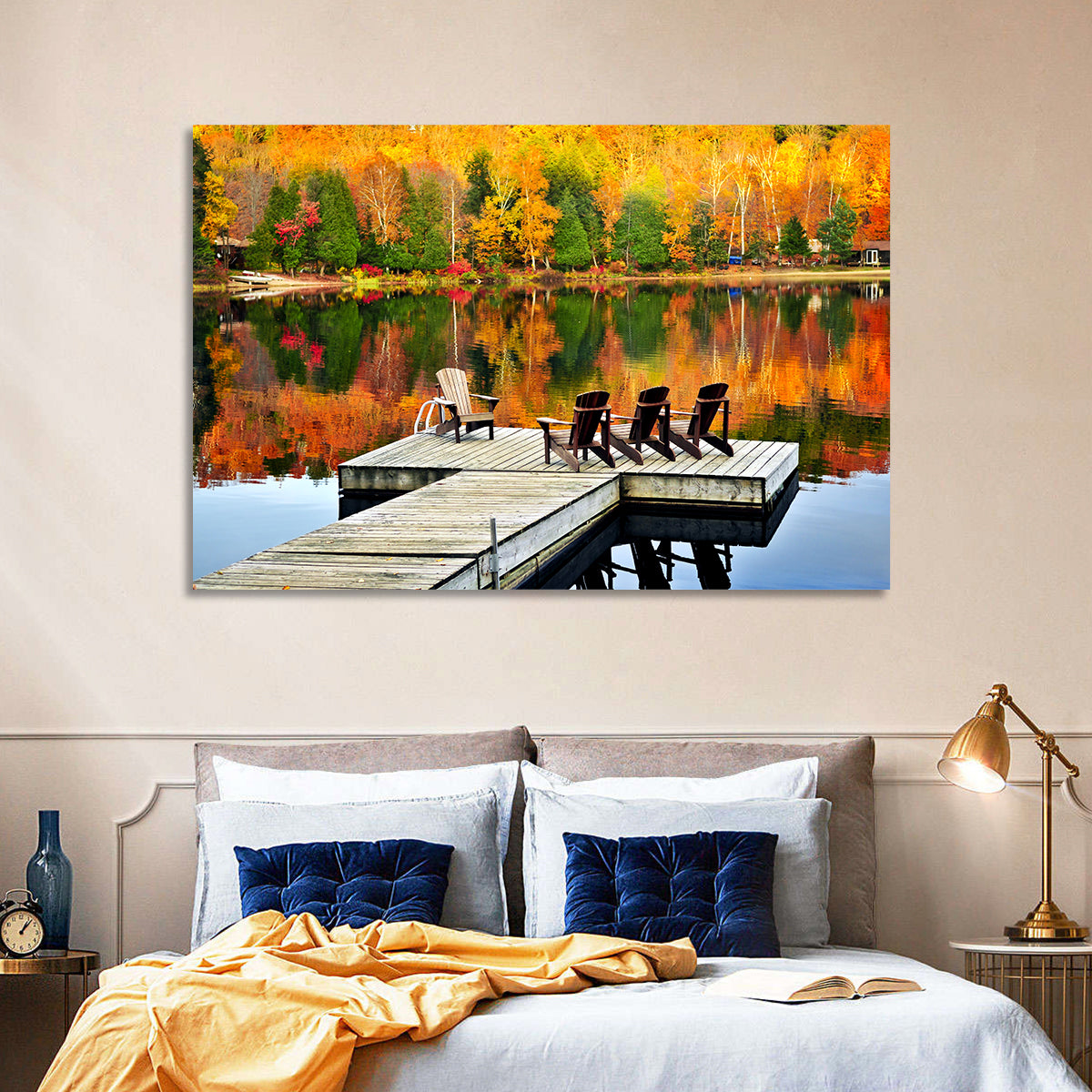 Autumn Lake Dock with Adirondack Chairs Wall Art in a room, landscape