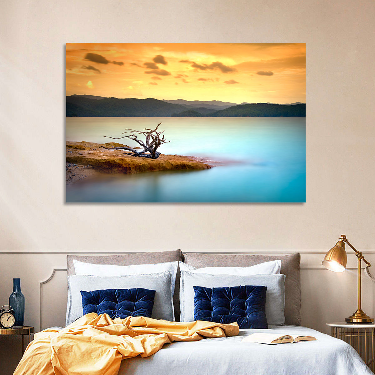 Gnarled Driftwood at Turquoise Lake Wall Art in a room, landscape