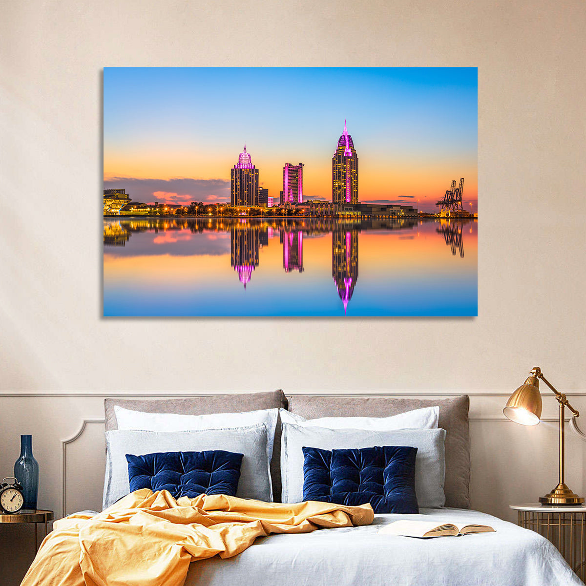 Mobile Alabama Sunset Skyline Wall Art in a room, landscape