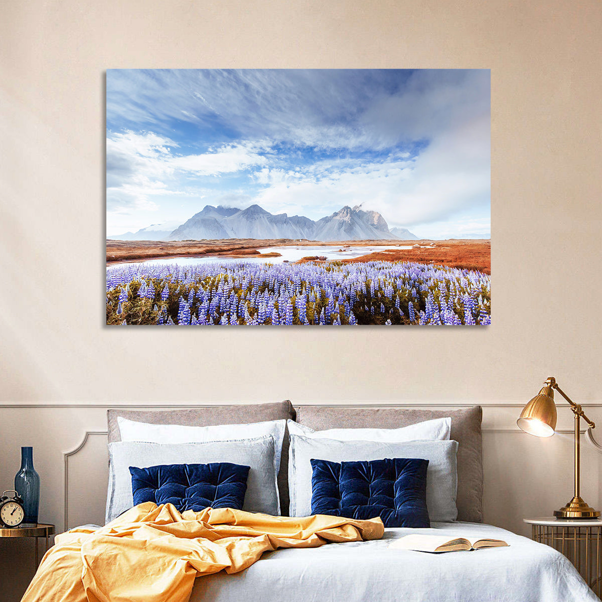 Lupine Fields at Vestrahorn Wall Art in a room, landscape