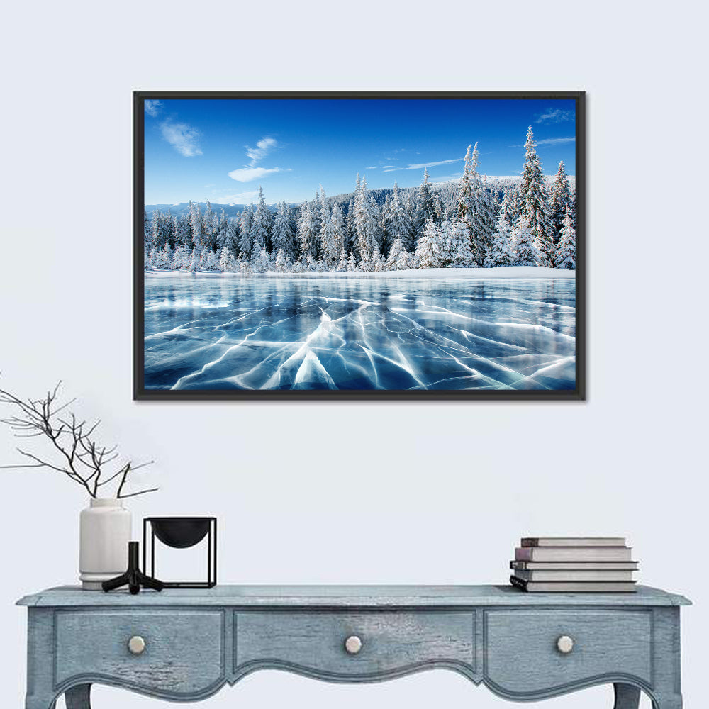 Cracked Ice Lake with Snowy Pines Wall Art in a room, landscape