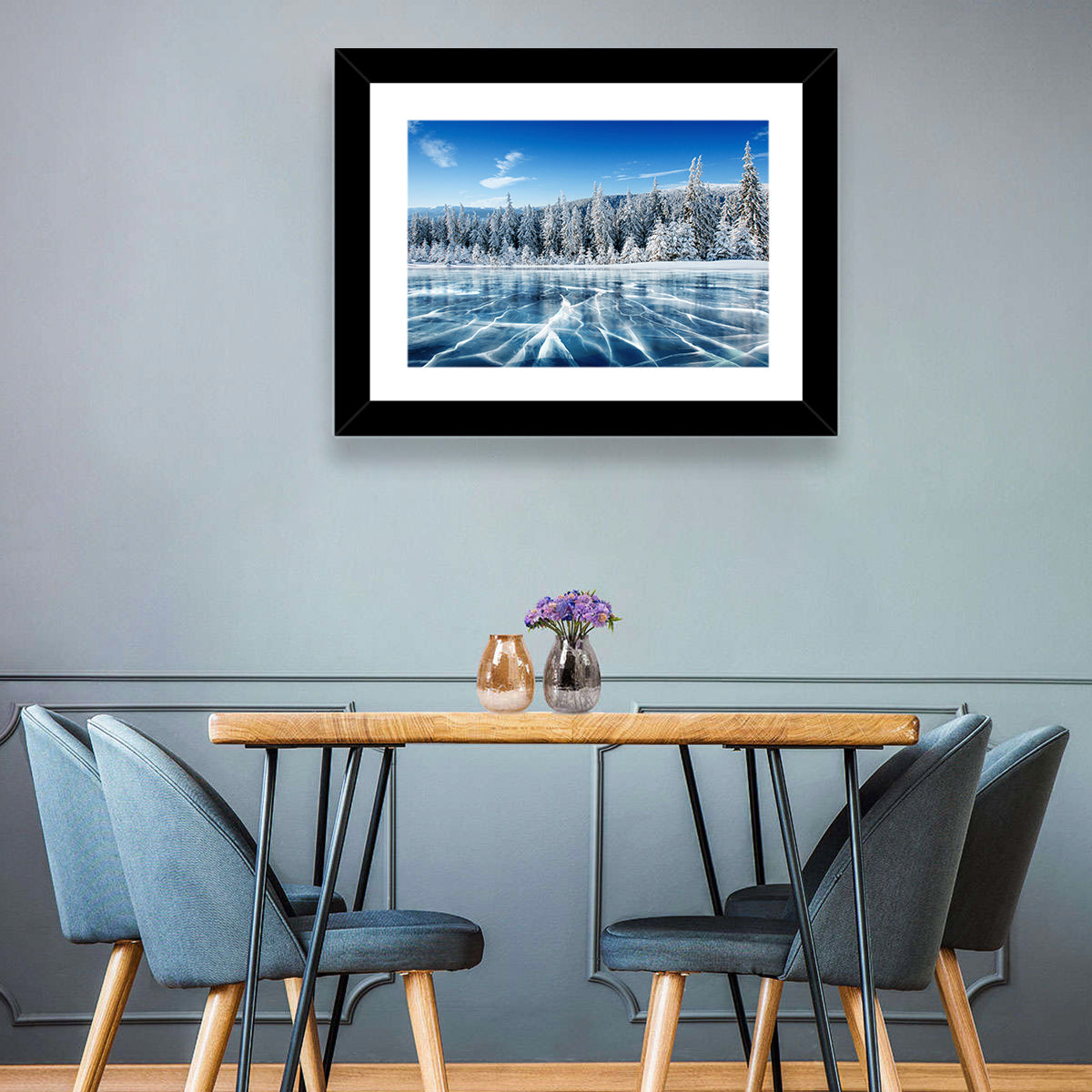 Cracked Ice Lake with Snowy Pines Wall Art in a room, landscape