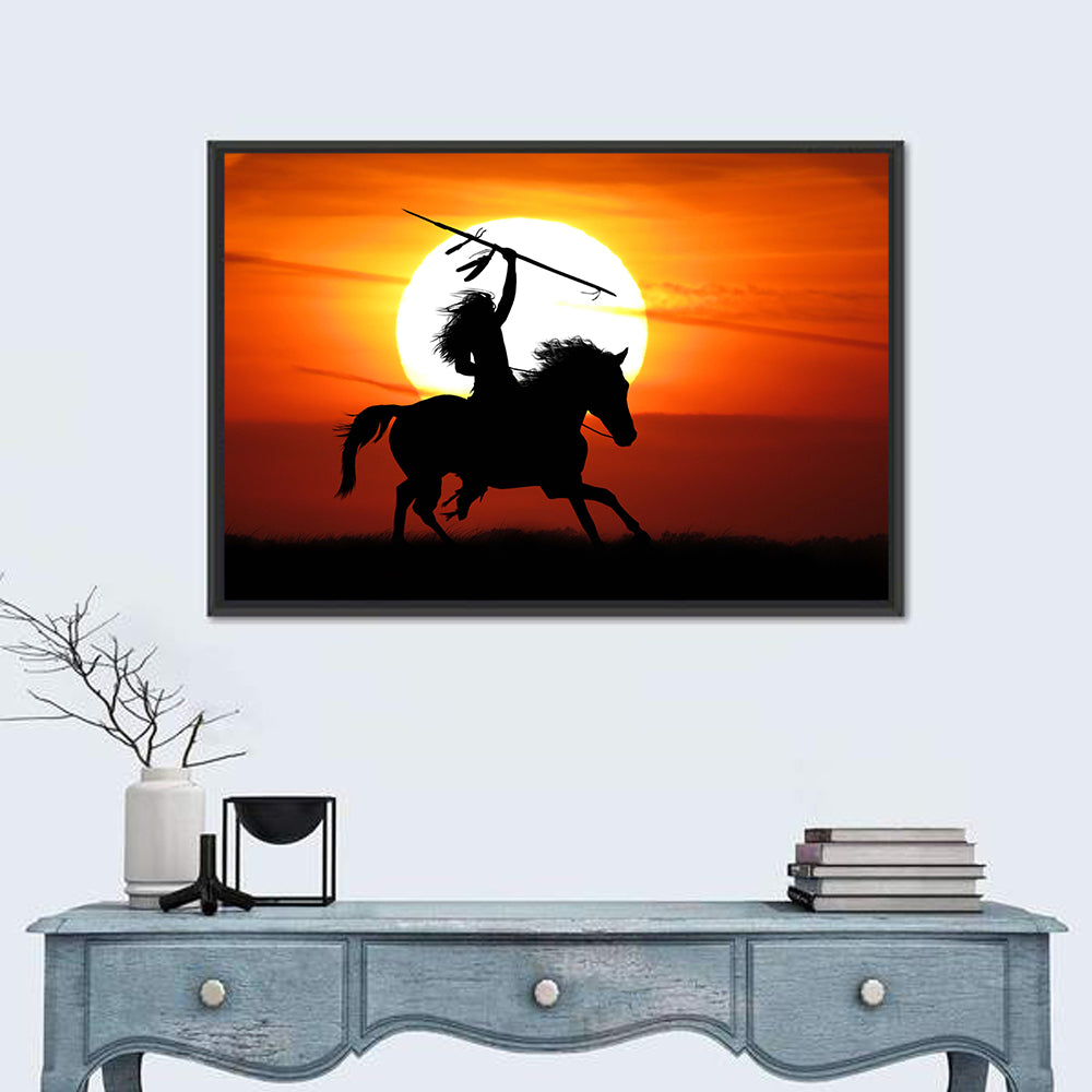Native American Rider at Sunset Wall Art in a room, landscape