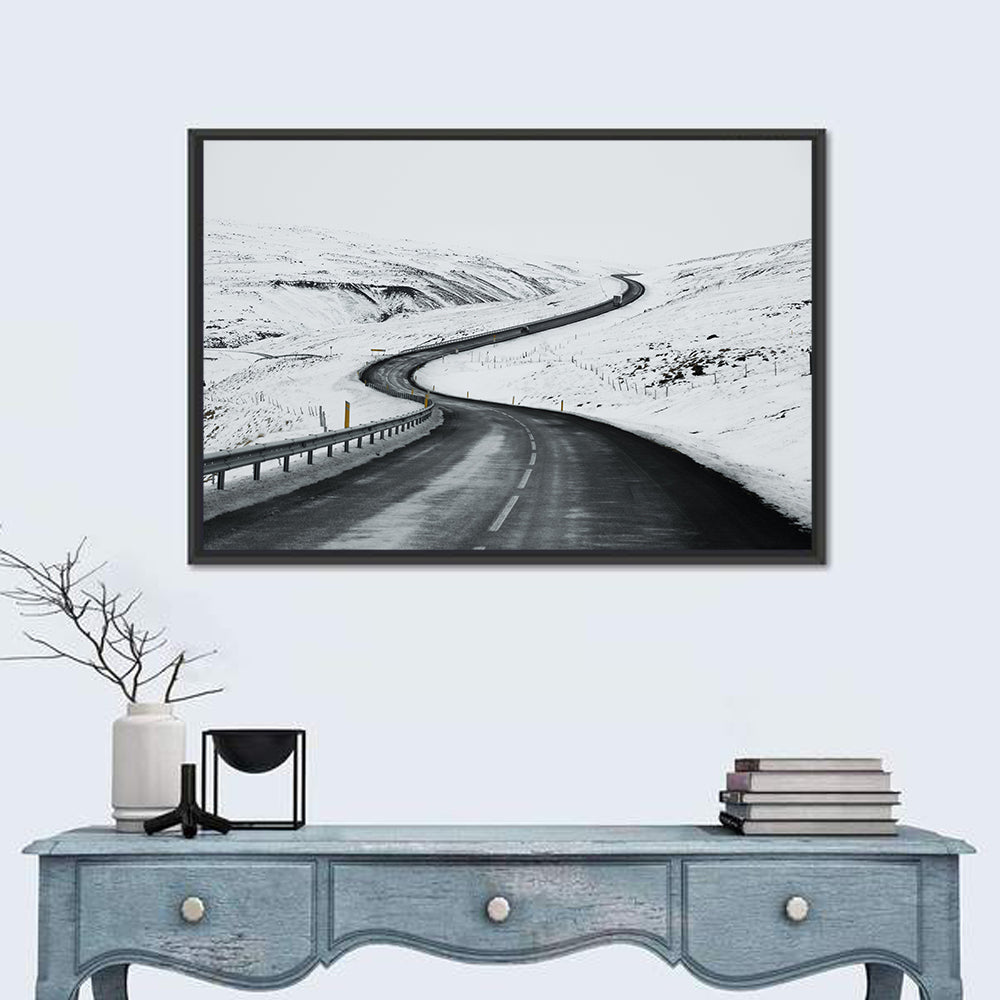 Winding Snow Road with Yellow Markers Wall Art
