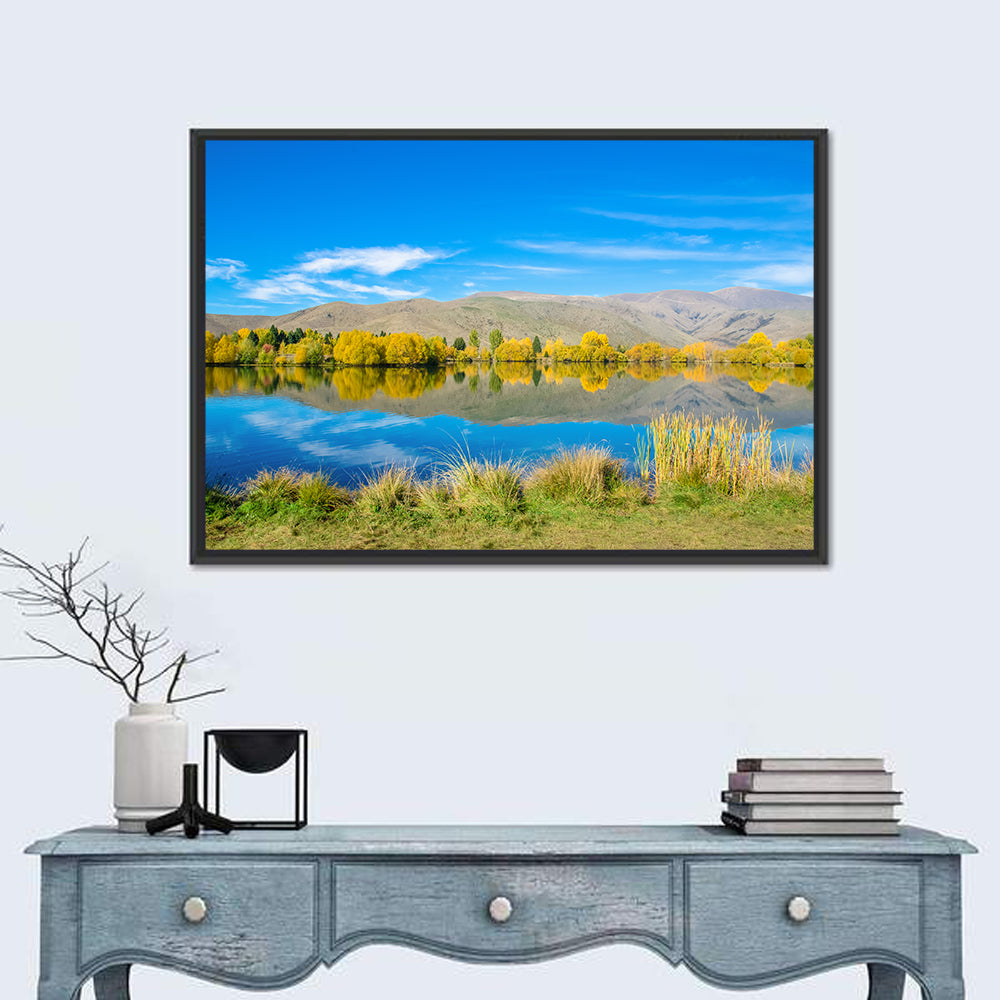 Ruataniwha Autumn Reflection Wall Art in a room, landscape