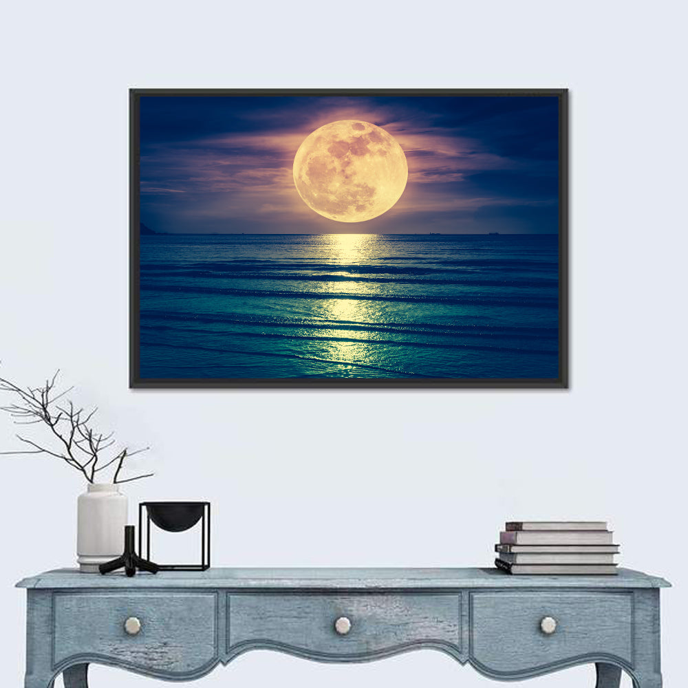 Supermoon Over Calm Sea Wall Art in a room, landscape