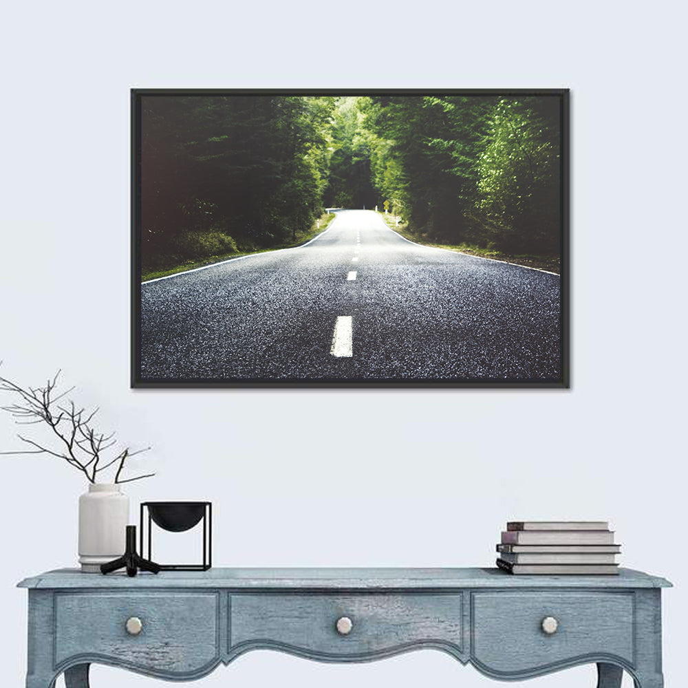 Summer Forest Road with Yellow Sign Wall Art