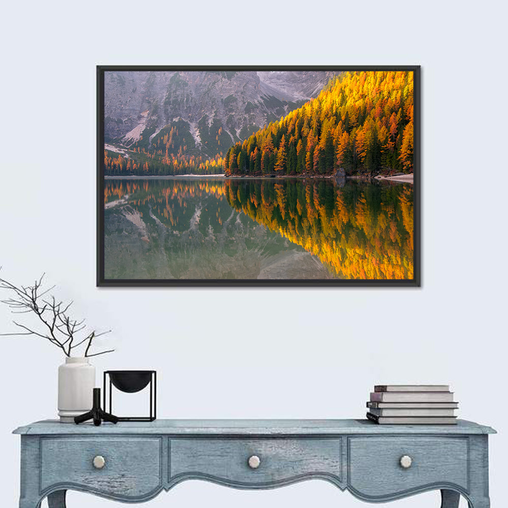 Braies Lake Golden Reflection Wall Art in a room, landscape