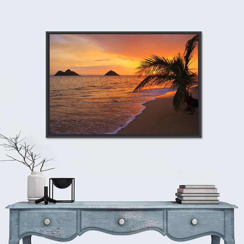 Lanikai Sunrise Over Na Mokulua Wall Art in a room, landscape