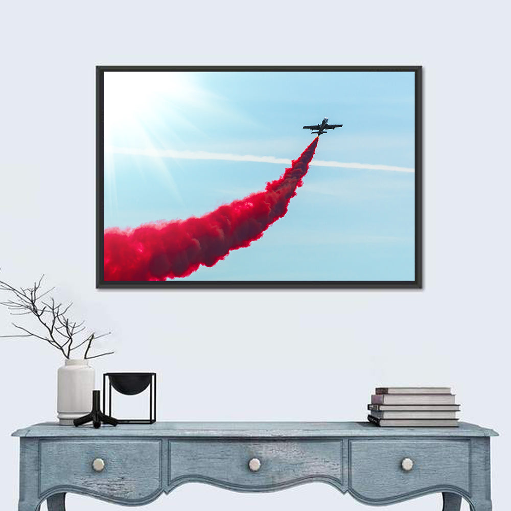 Jet with Red Smoke Trail Wall Art in a room, landscape